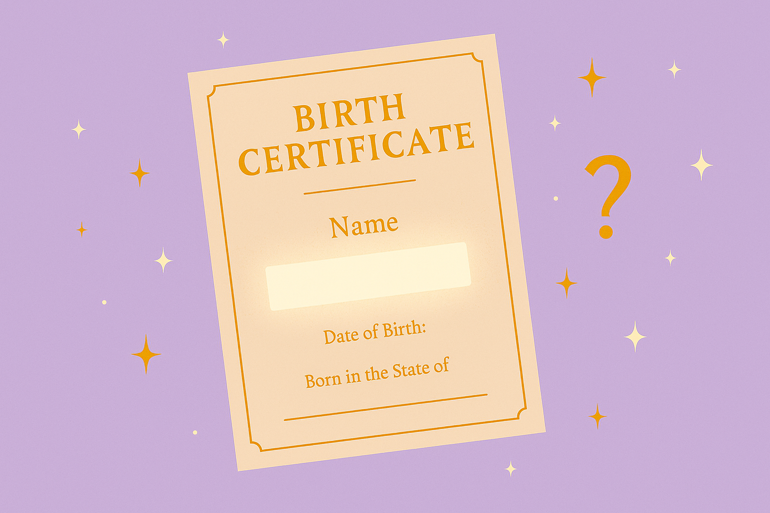A symbolic illustration of a birth certificate used in a numerology name calculator blog post, with a glowing name field and lavender background representing questions about using your full birth name in numerology.