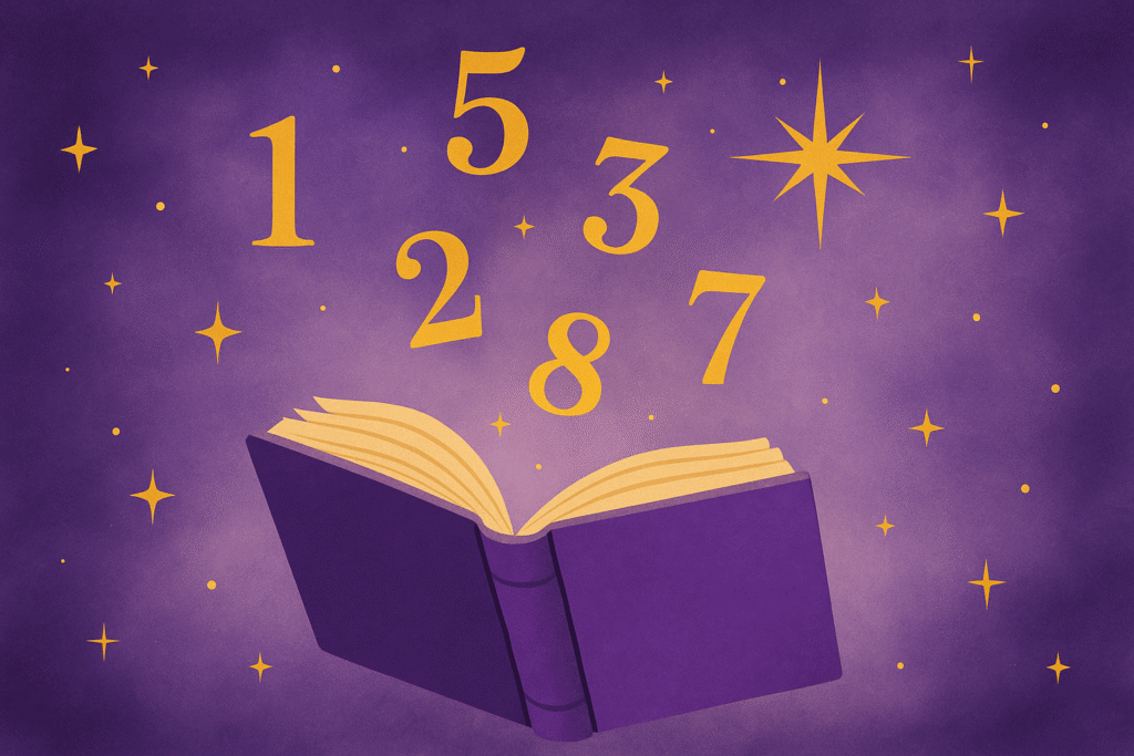 Illustration of a magical book with stars and numerology numbers