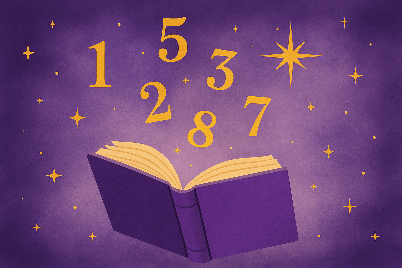 Illustration of a magical book with stars and numerology numbers