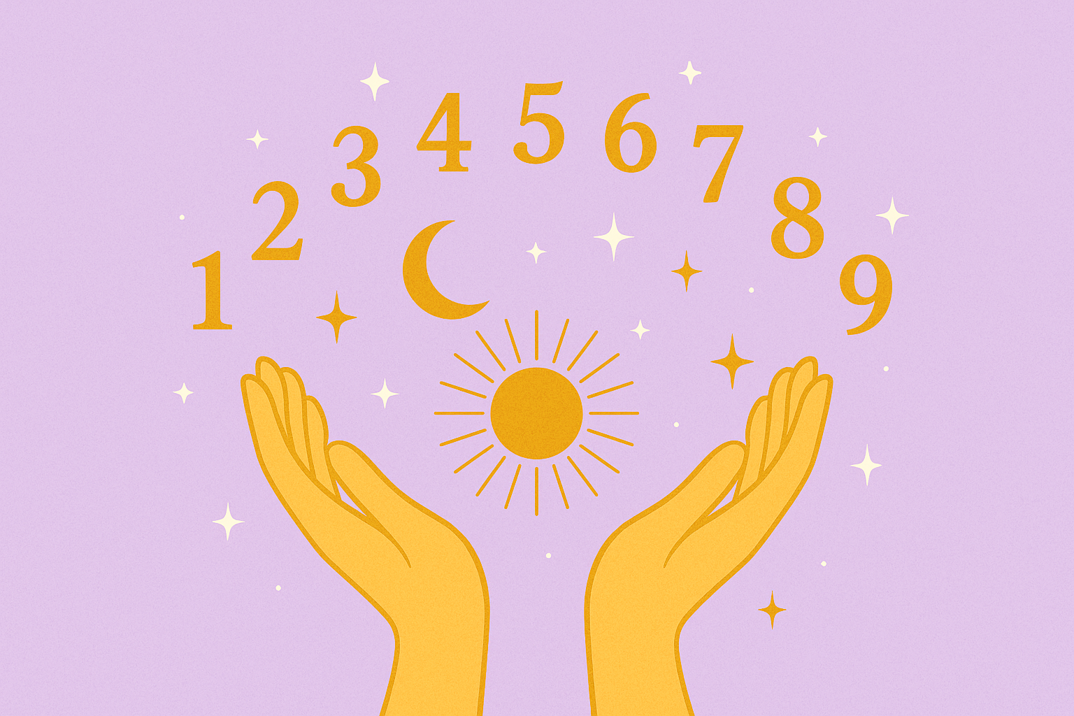 Golden hands open beneath the numbers 1 to 9 with sun, moon, and stars on a lavender background, symbolizing the meanings of Name Numbers 1 through 9 in numerology