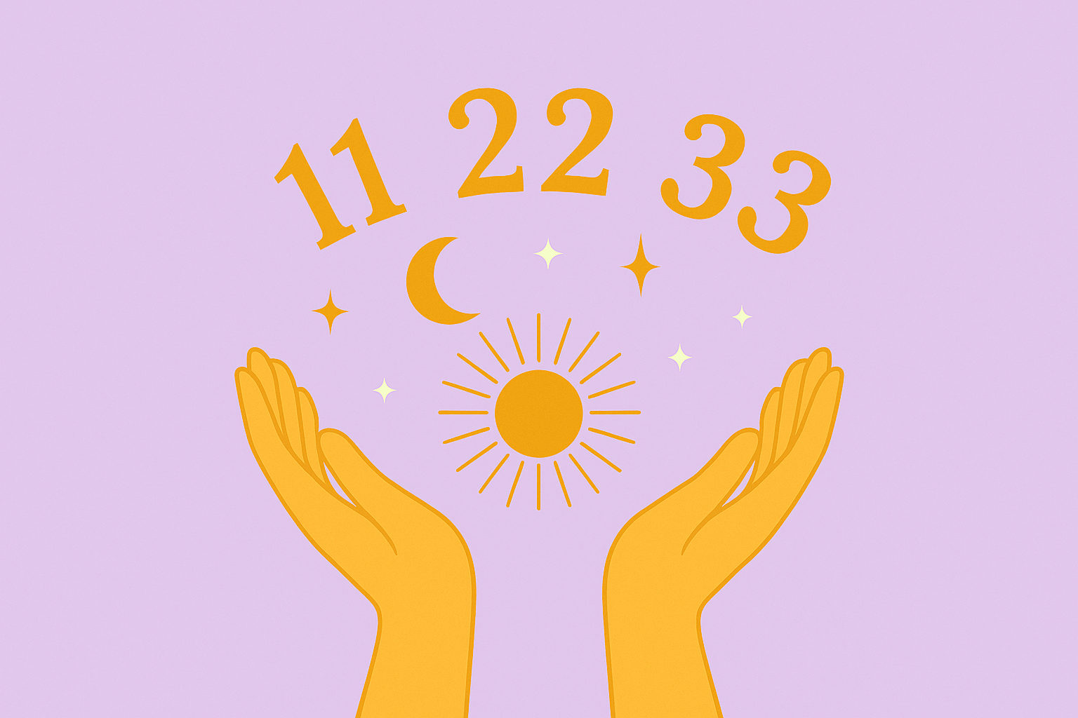 Illustration of open golden hands beneath the numbers 11, 22, and 33 with celestial symbols on a lavender background, representing Master Numbers in numerology