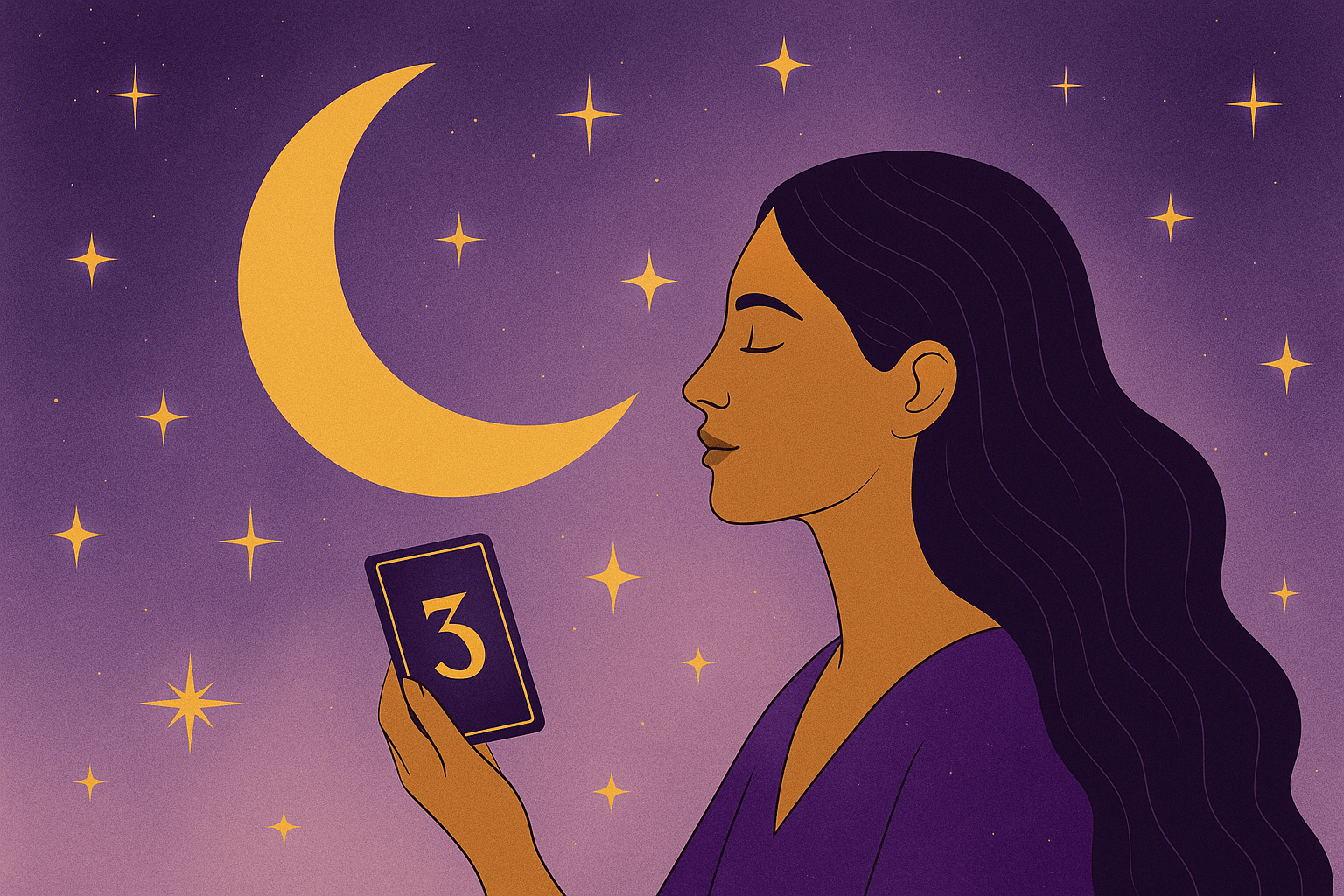 Illustration of a woman holding a card with the name number 3 beneath a glowing crescent moon, surrounded by golden stars on a purple background — symbolizing personal growth and spiritual alignment through numerology name number wisdom.