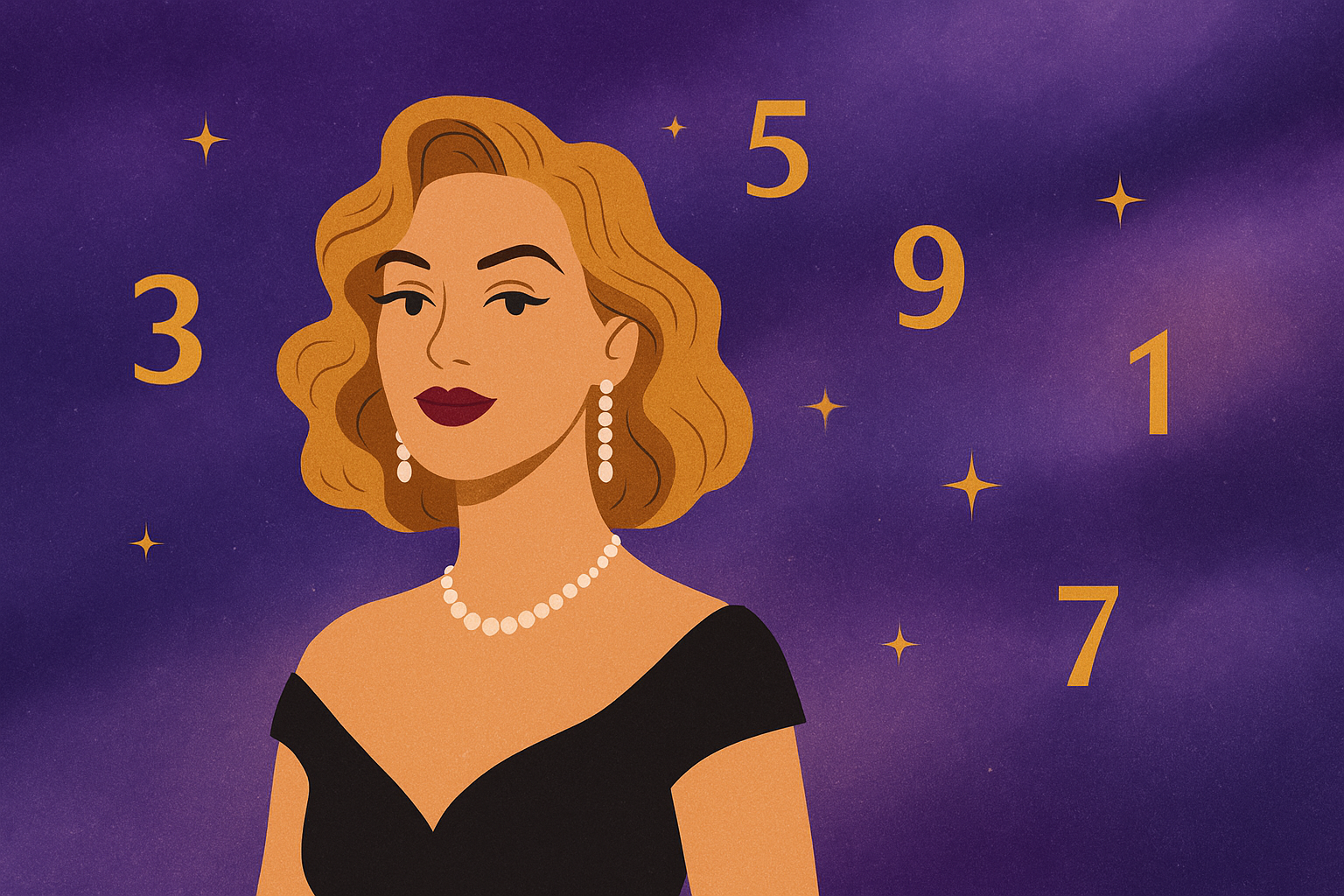 Elegant illustrated woman in a black dress and pearls, styled like a classic celebrity, surrounded by golden numerology name numbers 1, 3, 5, 7, and 9 on a cosmic purple background — representing how name numbers reveal personality traits of famous stars.