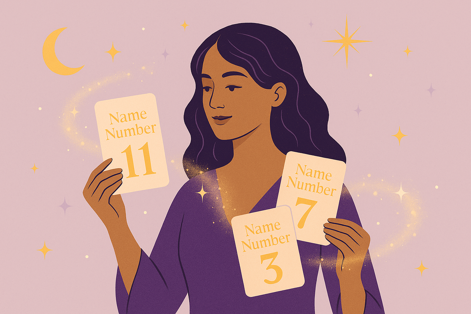 Illustration of a woman holding numerology cards labeled Name Number 11, 7, and 3, surrounded by glowing golden stardust, with a crescent moon and stars on a lavender background — symbolizing the idea of intentionally changing your name number to align with your spiritual path and personal growth in numerology.