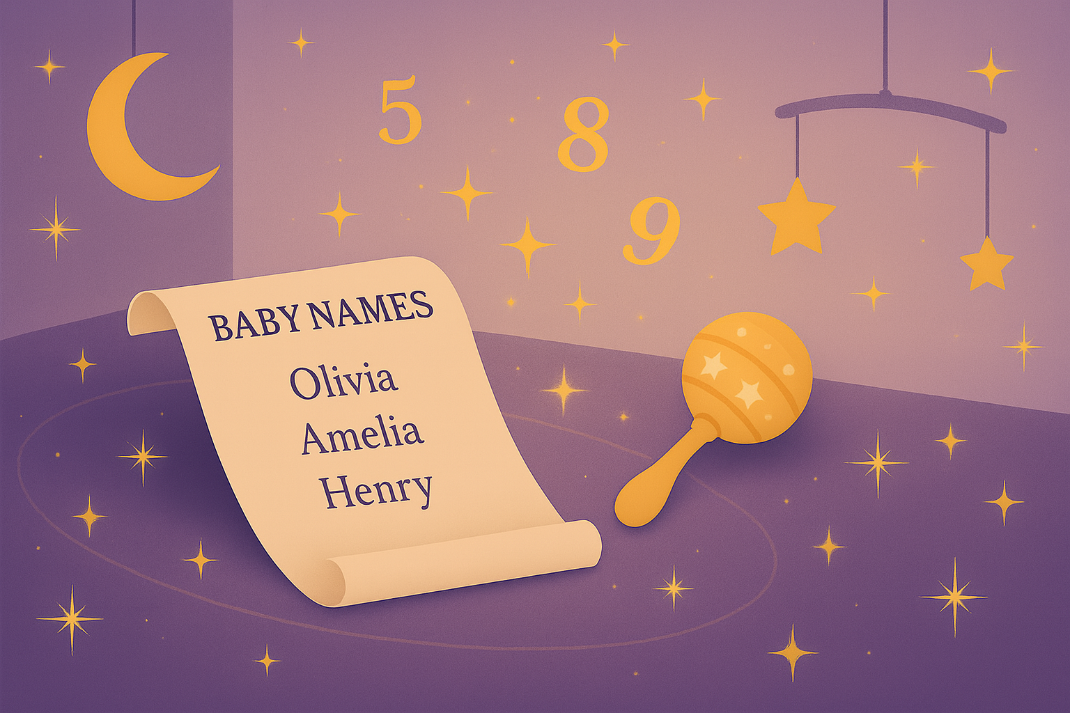 Whimsical nursery-themed illustration featuring a scroll with baby names Olivia, Amelia, and Henry, surrounded by golden numerology name numbers 5, 8, and 9, with a crescent moon, hanging stars, and a baby rattle — symbolizing how numerology can guide parents in choosing the perfect baby name with meaning and energetic alignment.