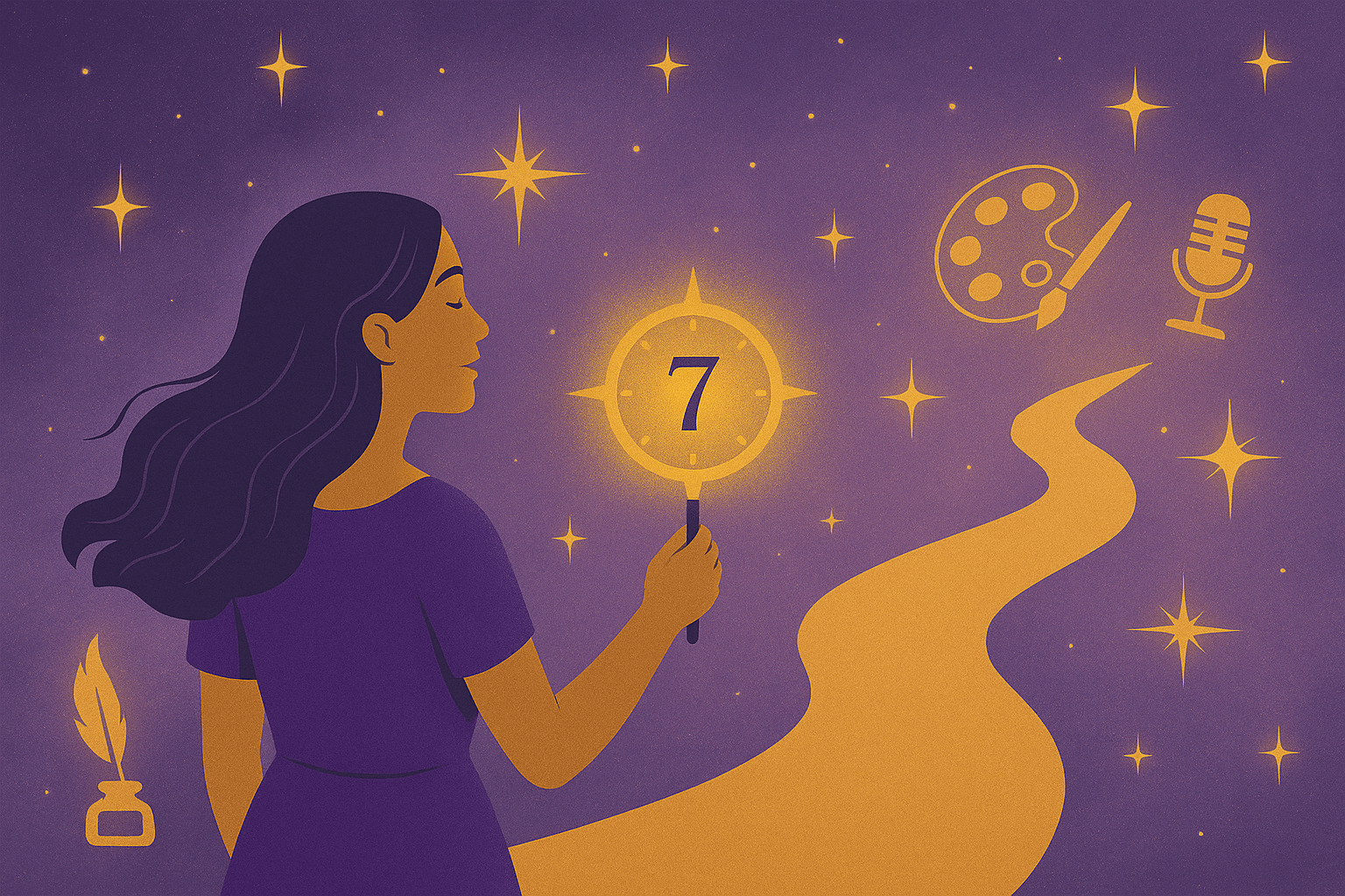 llustration of a woman holding a glowing compass with the number 3, walking along a golden path surrounded by stars and icons of creative careers—paint palette, microphone, feather pen—set against a magical purple sky, representing how your Name Number can guide you toward your ideal professional path in numerology.